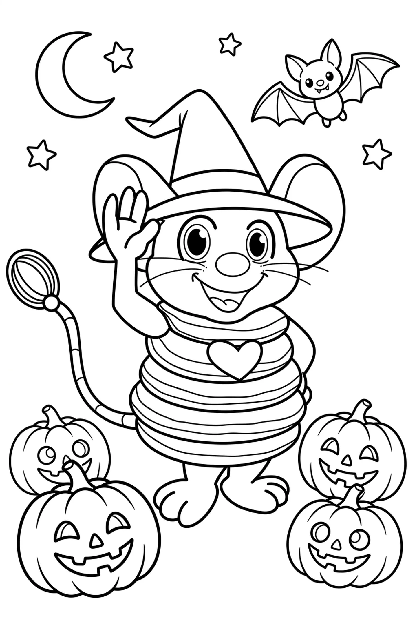 Halloween-kleurplaat van Pluis de pannenkoekenmuis met een heksenhoed, pompoenen en een vleermuis