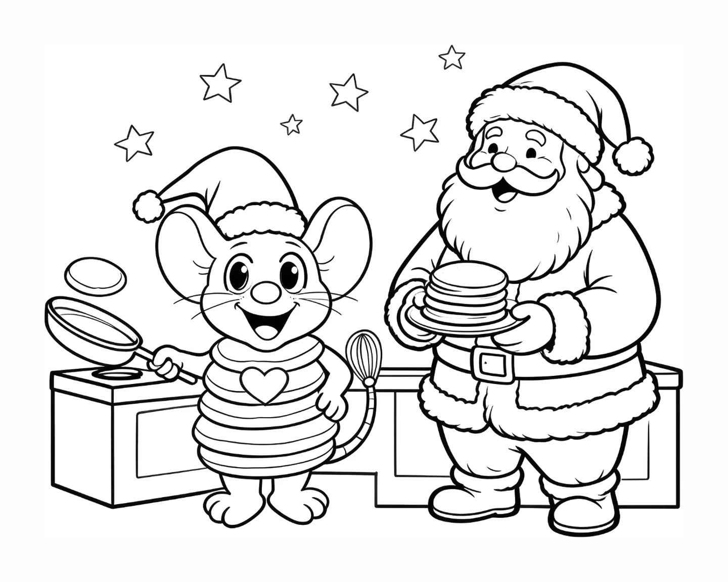 Kerst-kleurplaat van Pluis de pannenkoekenmuis die met de kerstman pannenkoeken bakt