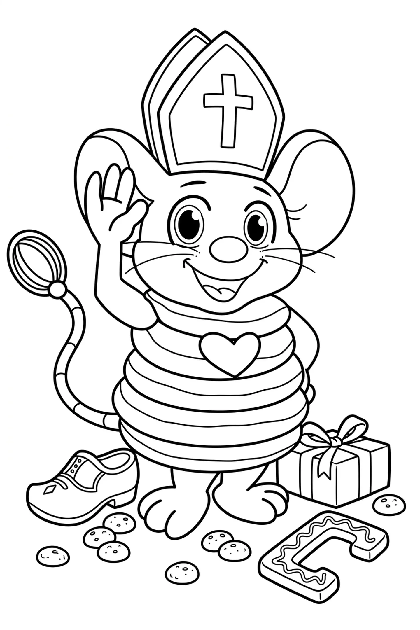 Sinterklaas-kleurplaat van Pluis de pannenkoekenmuis met een mijter, een schoen, pepernoten en een cadeautje