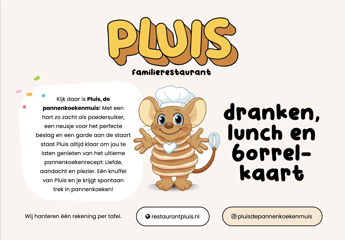 De kaart van Pluis met dranken, lunch en borrelhapjes