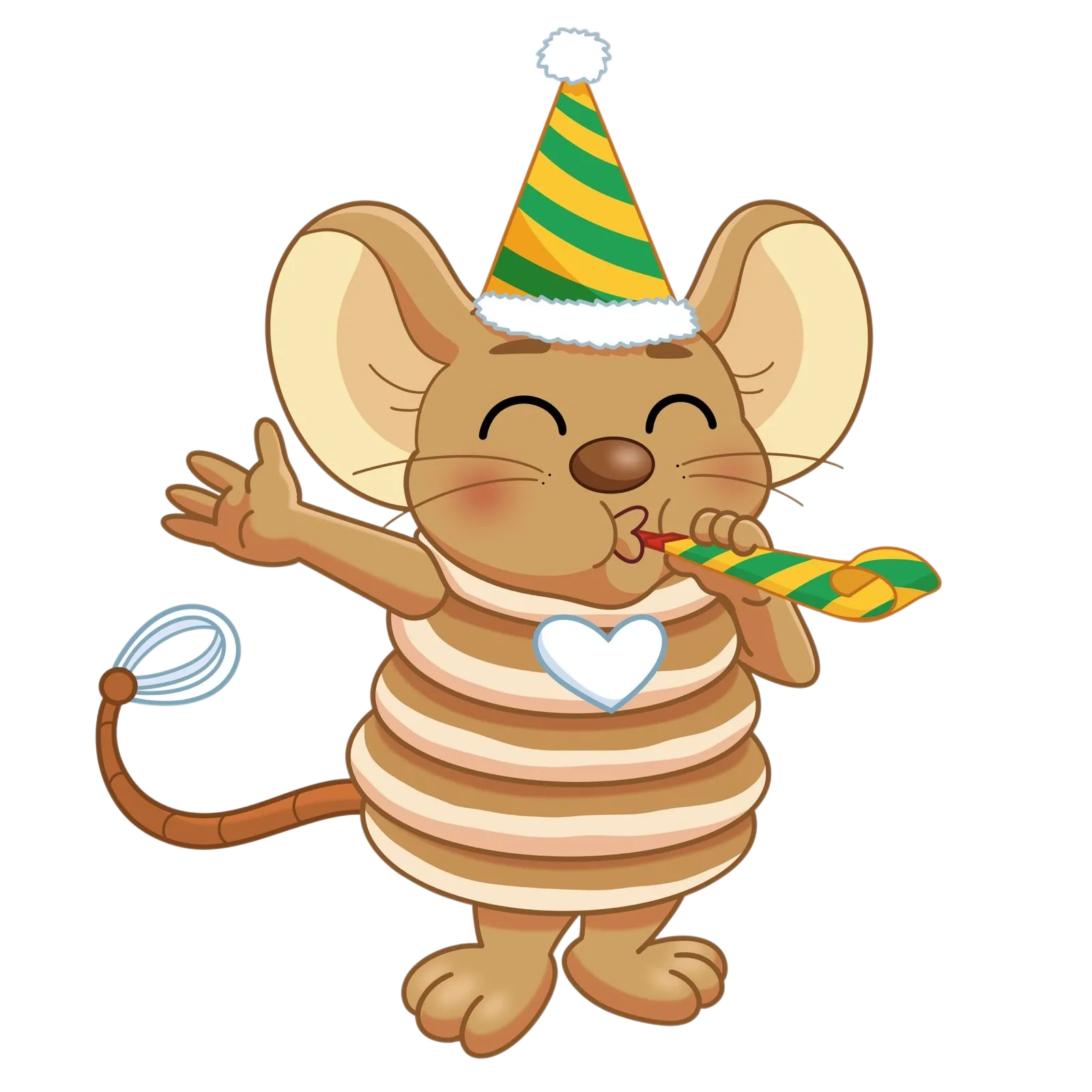 Pluis de pannenkoekenmuis met een feestmuts en een toeter