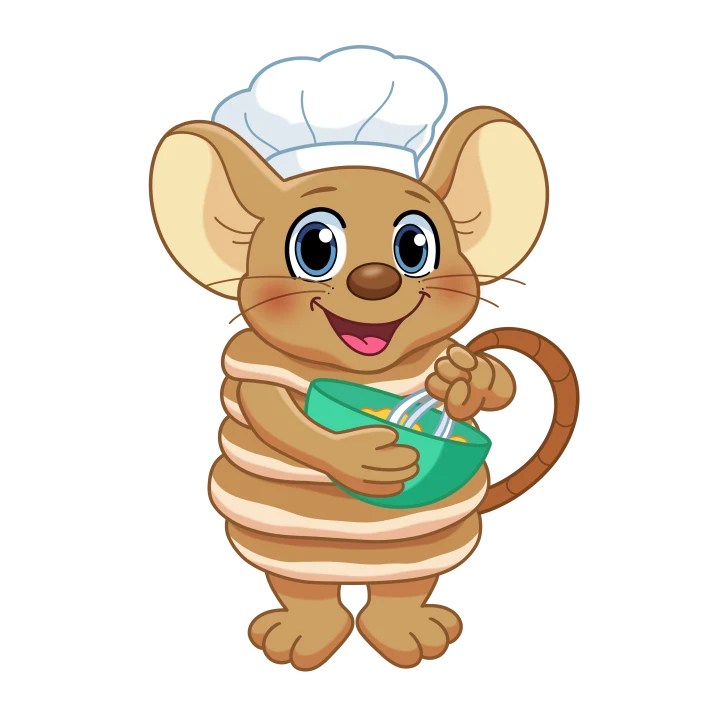 Pluis de pannenkoekenmuis roert met een garde in een groene beslagkom