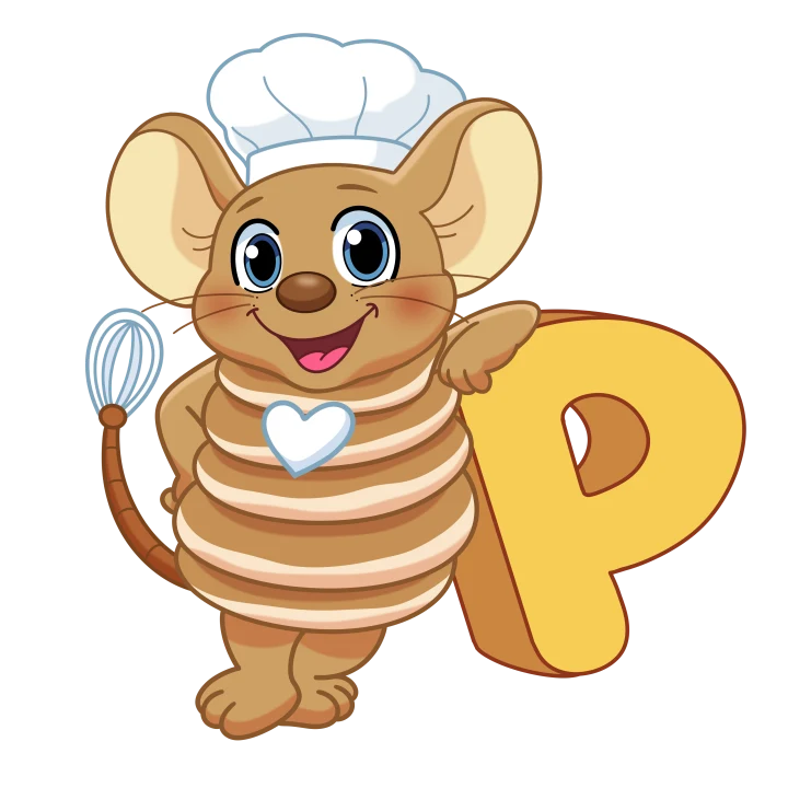 Pluis de pannenkoekenmuis met een garde, leunend tegen een grote gouden letter P