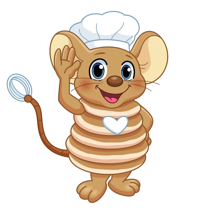 Pluis de pannenkoekenmuis zwaait naar de gasten
